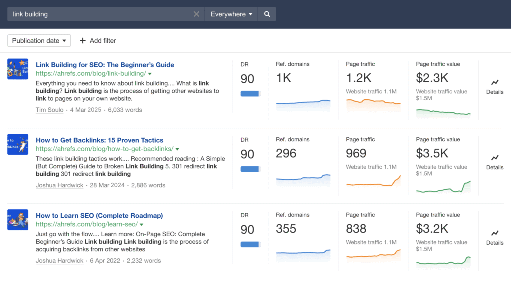 Ahrefs Content Explorer showing link building search results with referring domains, traffic, and page value