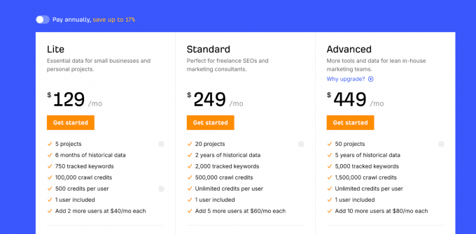 Ahrefs Pricing Plans 2026 showing Lite, Standard, and Advanced plans