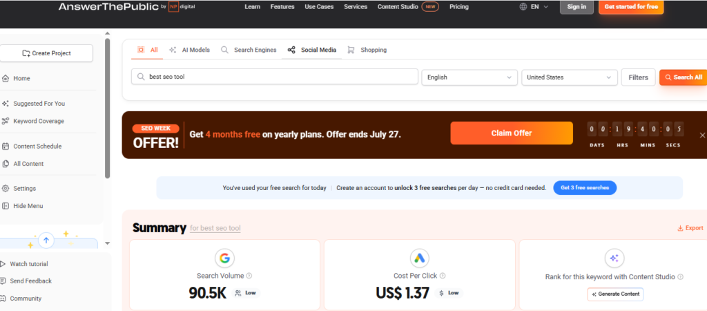 AnswerThePublic showing search volume and cost per click for a keyword