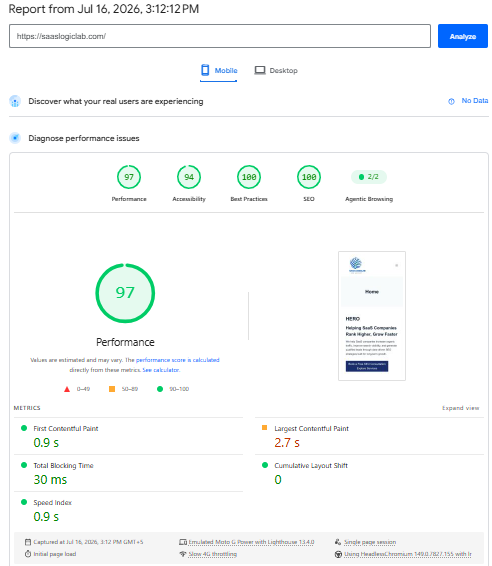 Google PageSpeed Insights report for SaaSLogicLab.
