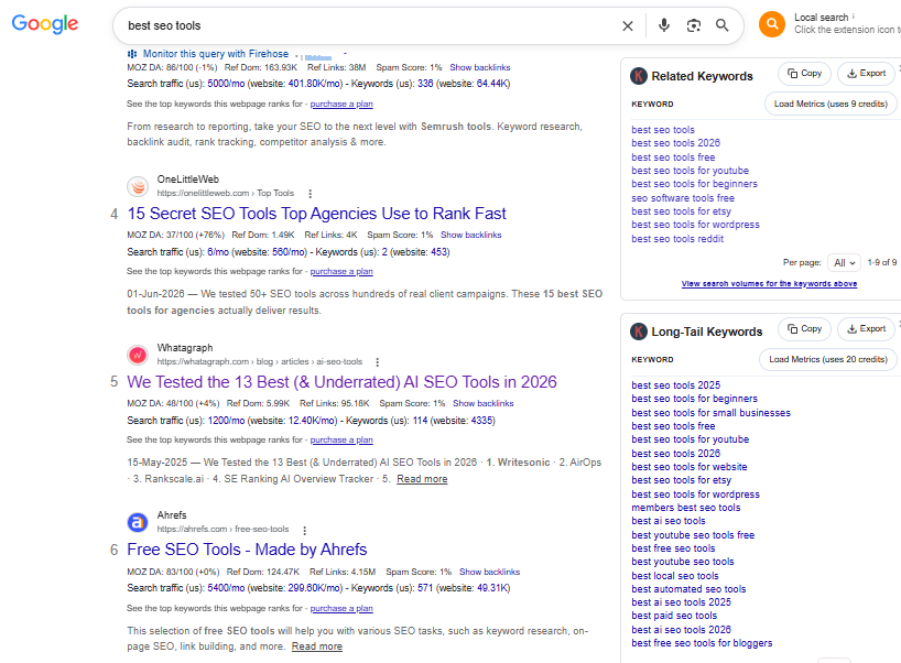 Keyword Everywhere browser extension showing related and long-tail keywords in Google search