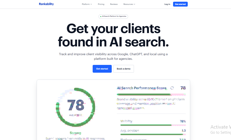 Rankability AI Search Performance Score showing visibility and average position