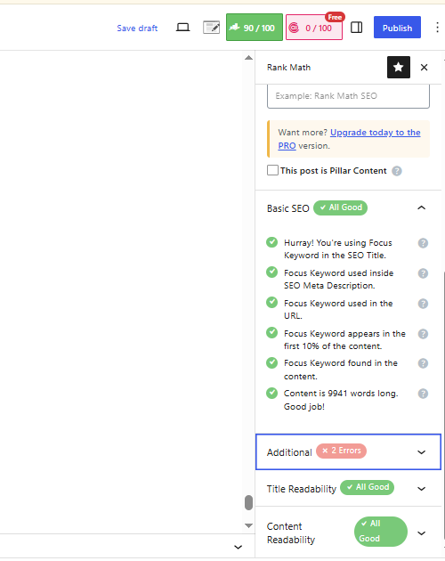 Rank Math SEO content optimization dashboard