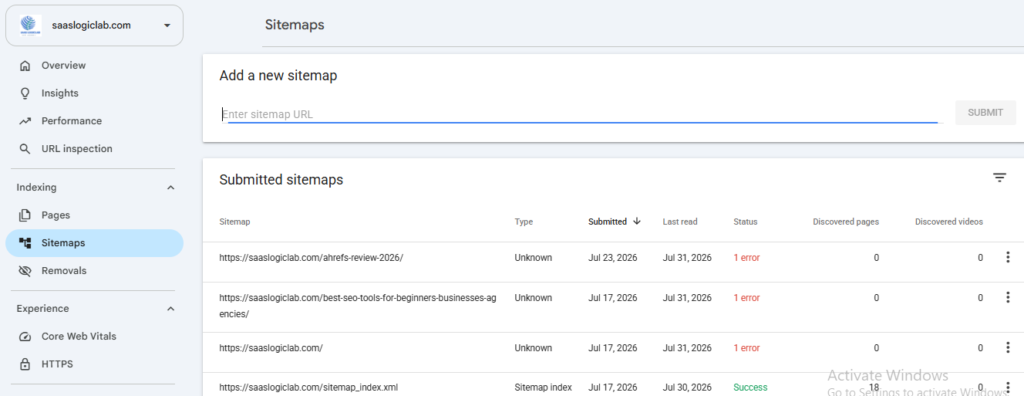 Google Search Console Sitemaps report showing XML sitemap submission