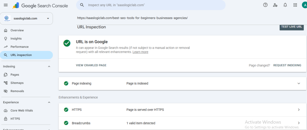 Google Search Console URL Inspection showing an indexed URL