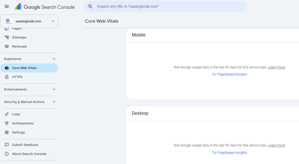 Google Search Console Core Web Vitals report showing insufficient mobile and desktop usage data