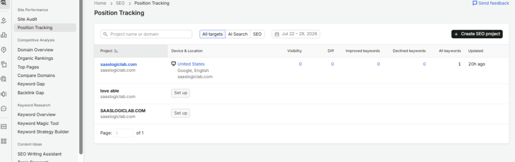 Semrush Position Tracking dashboard for SaaSLogicLab showing keyword visibility and tracking setup.
