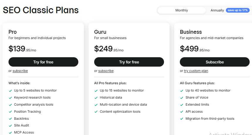 Semrush SEO Classic monthly pricing showing Guru content optimization tools in 2026