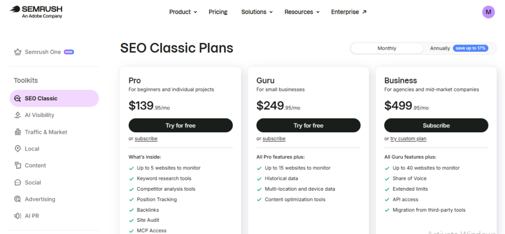 Semrush SEO Classic pricing plans showing Pro, Guru, and Business subscriptions.
