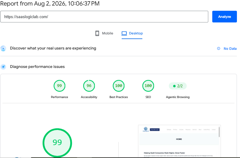 Google PageSpeed Insights report showing Core Web Vitals and performance score