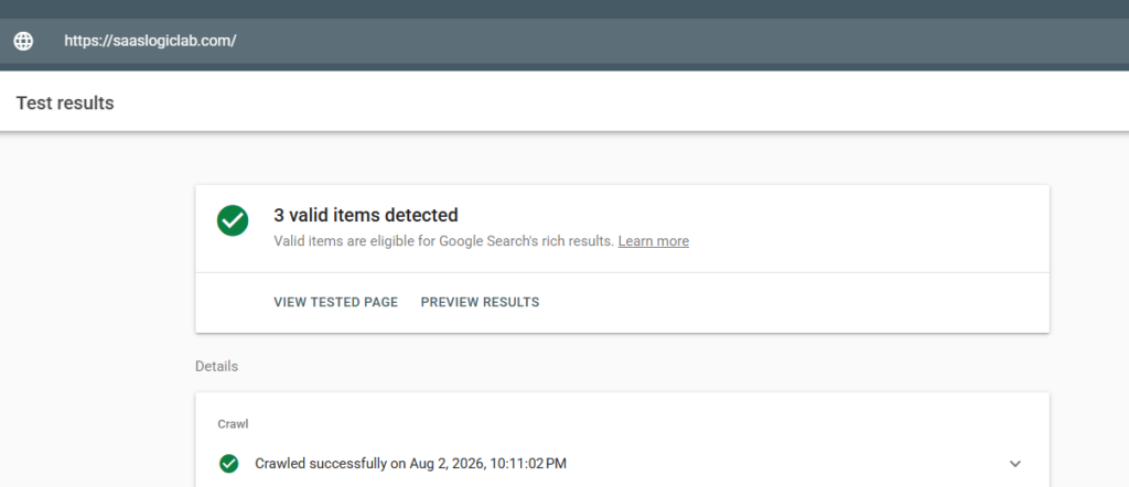 Google Rich Results Test showing valid structured data items