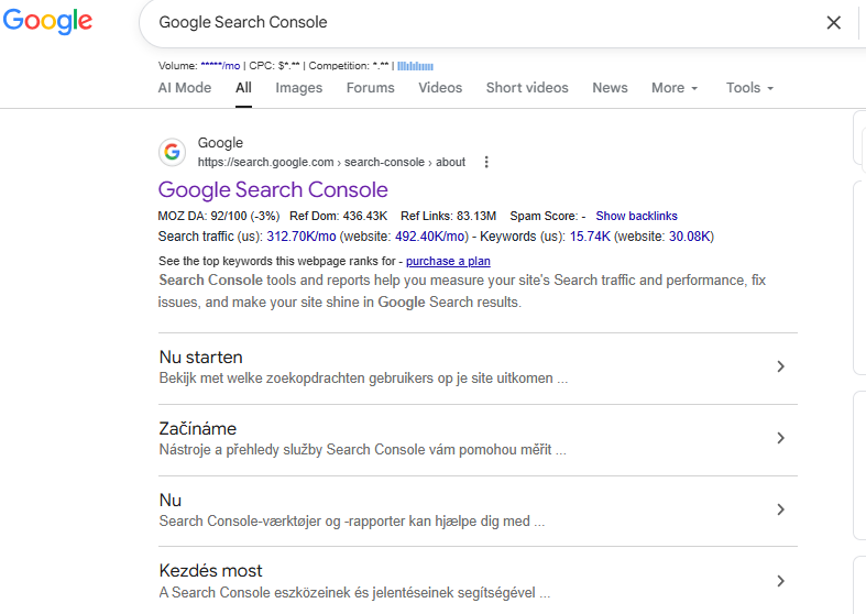 Google SERP showing navigational intent for Google Search Console
