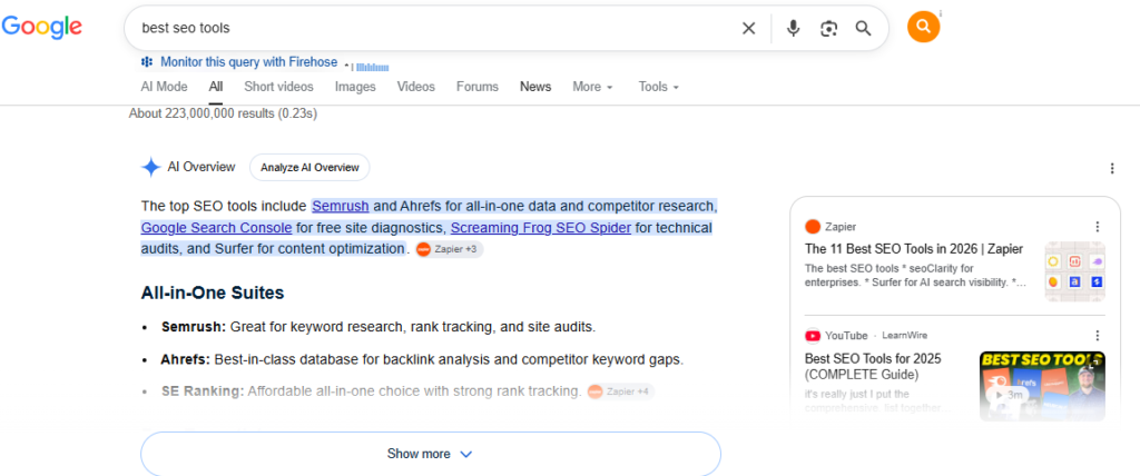 Google AI Overview for best SEO tools search intent