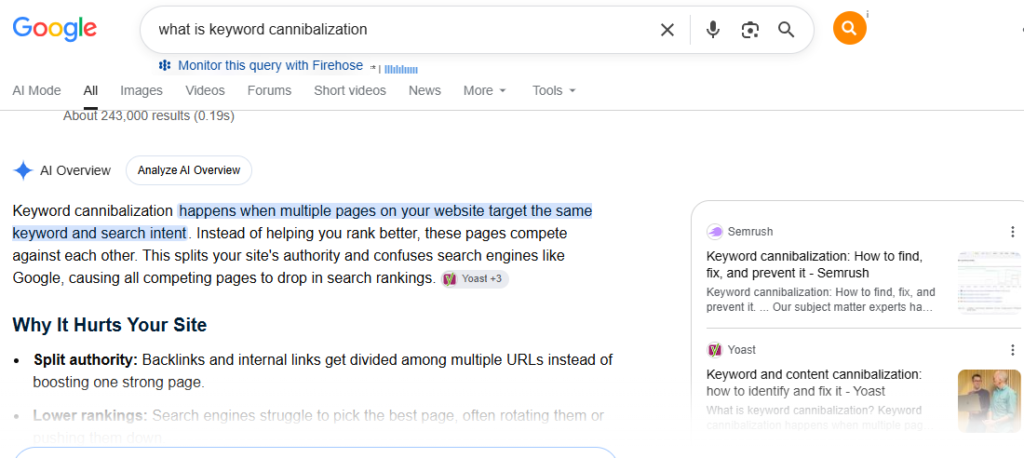 Google SERP showing informational search intent for keyword cannibalization