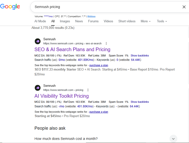 Google SERP showing transactional search intent for Semrush pricing
