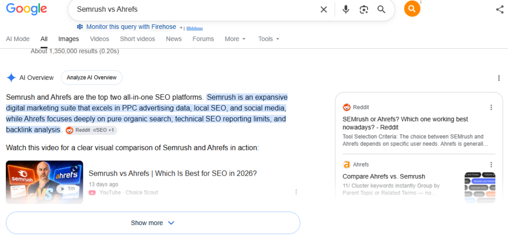 Google SERP showing commercial intent for Semrush vs Ahrefs