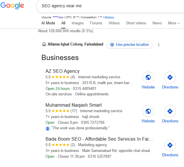 Google local search results for SEO agency near me