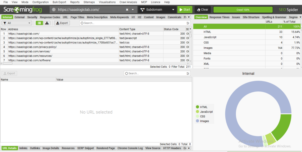 Screaming Frog technical SEO crawl of SaaSLogicLab