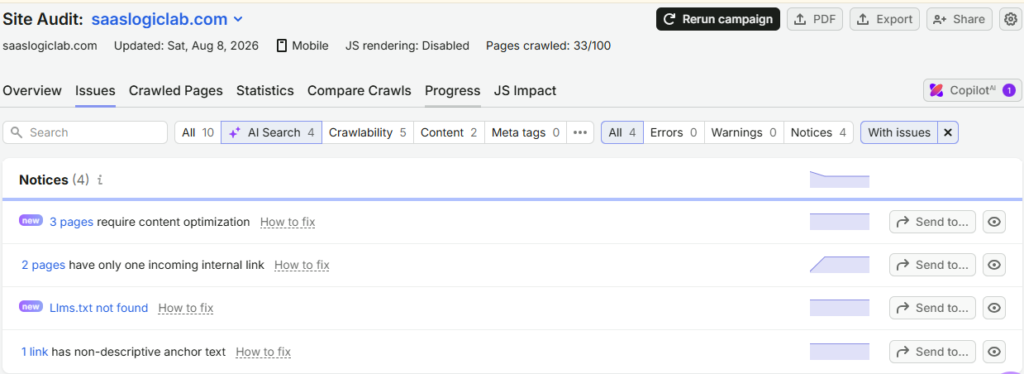 Semrush Site Audit showing internal linking issues on SaaSLogicLab