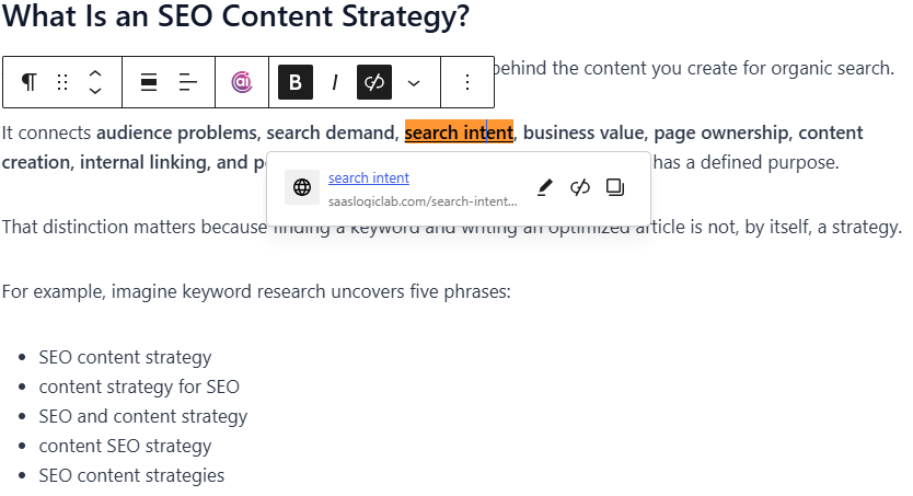 Contextual internal link from SEO content strategy to search intent