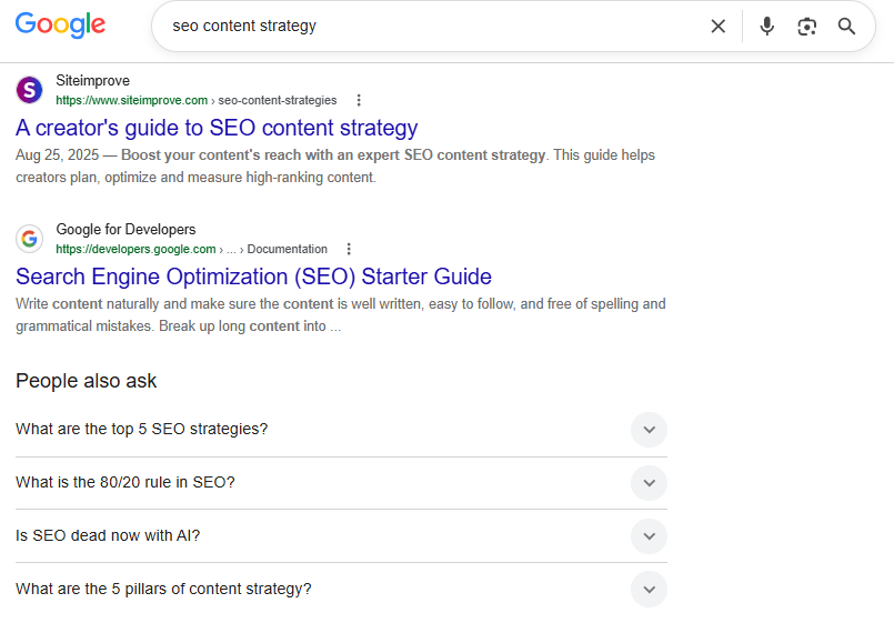 Google SERP for SEO content strategy