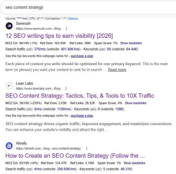 Google SERP showing organic competitors for SEO content strategy