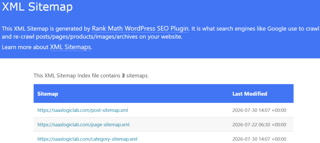 XML sitemap index showing website sitemaps generated for search engine crawling
